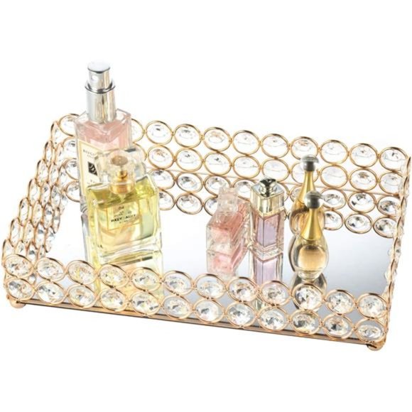 Crystal Mirrored Cosmetic Tray Vanity Rectangle Jewelry Trinket Organizer Tray - Picture 1 of 7